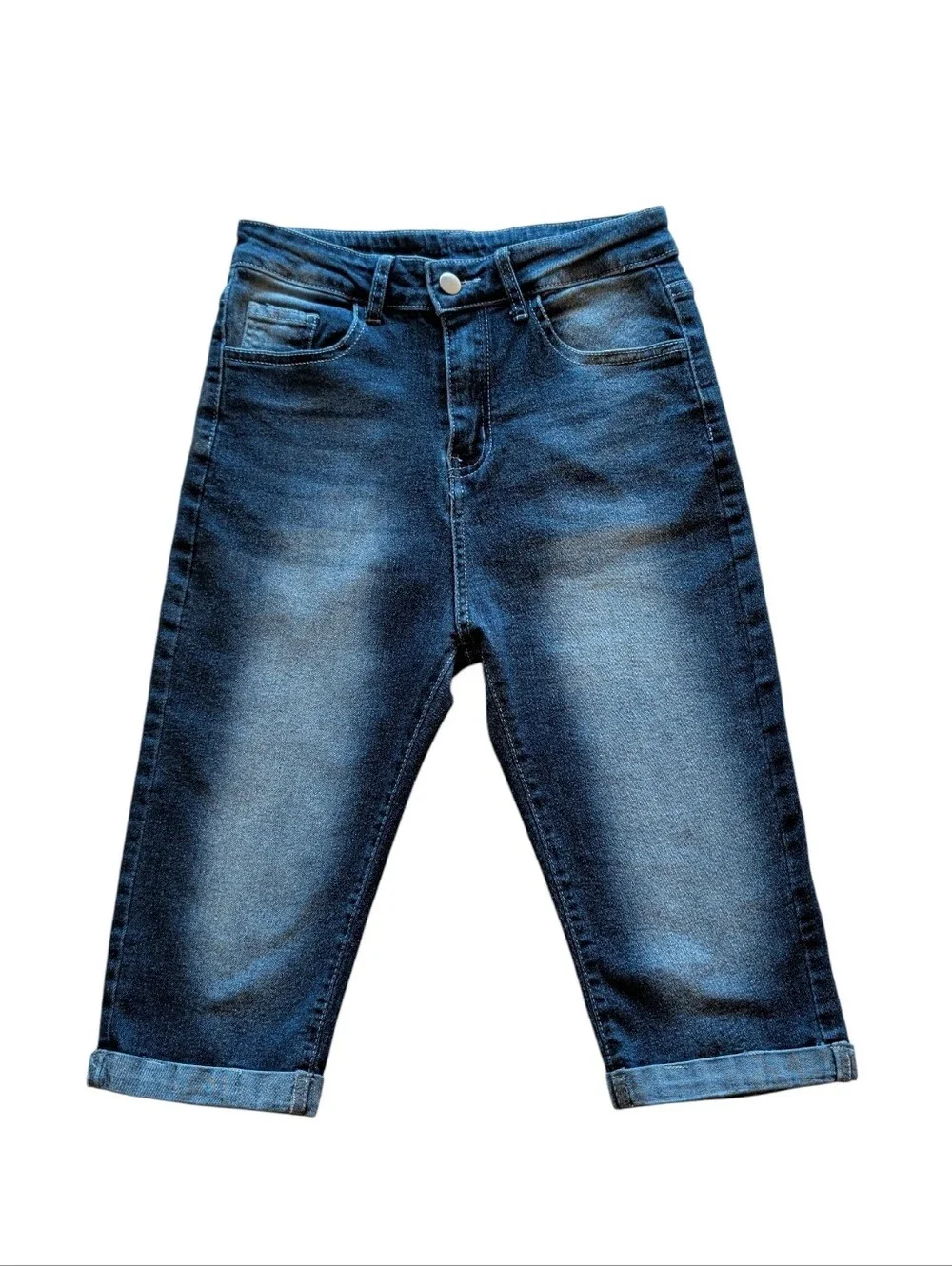 Y2K High Waisted Embroidered Wing Pocket Pedal Pushers Jorts SMALL Blue